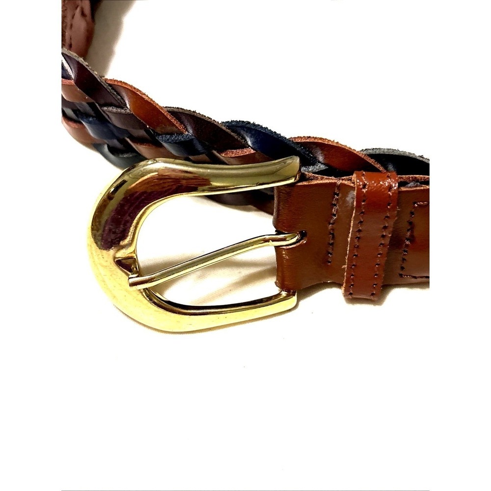 braided leather belt 1" brown/navy gold tone buckle XL (44")